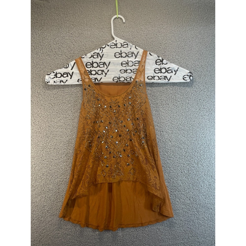Forever‎ 21 XXI See-through Lace Crop Top, Brown High Low Beaded Size S